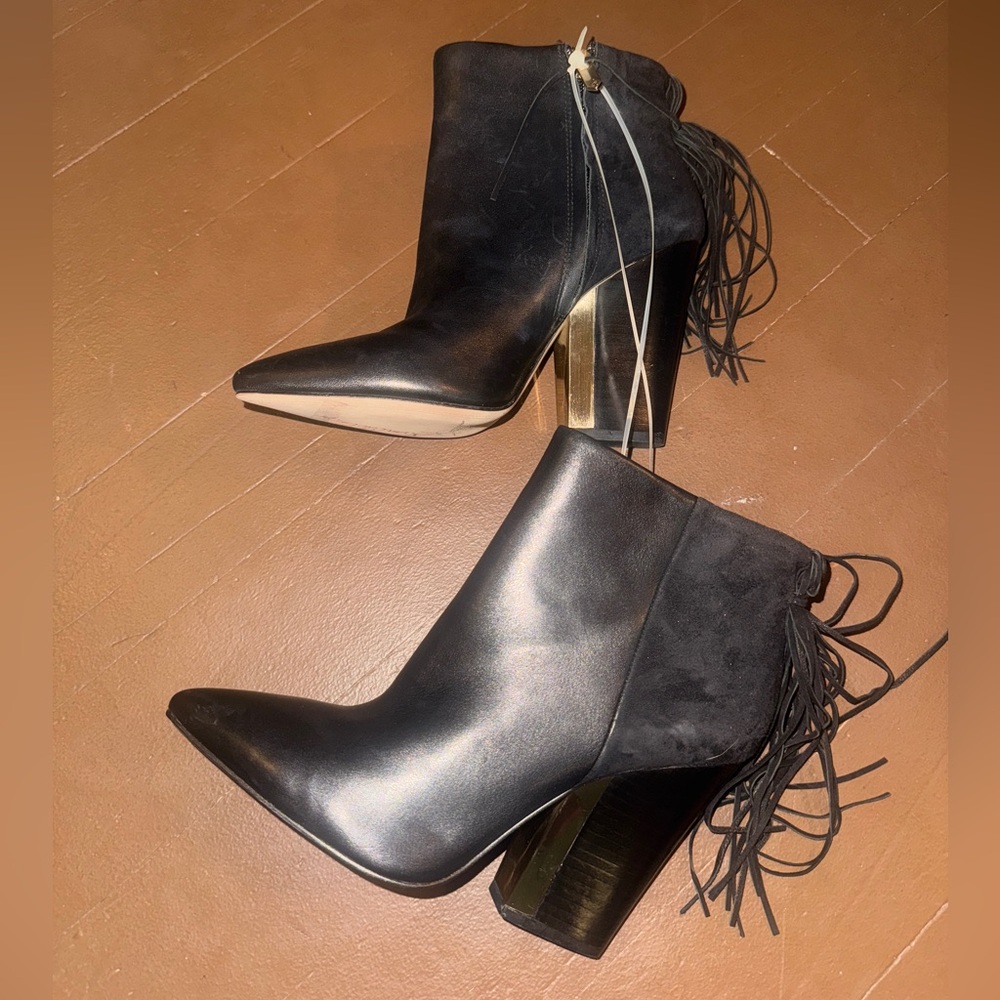 Sam Edelman Black Leather Ankle Boots with Fringe